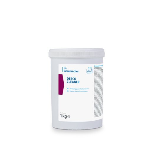 Dr. Schumacher DESCO CLEANER in a white plastic container (1 kg) from Dr. Schumacher GmbH with blue lettering, purple design elements, and a white screw cap. Suitable for all surfaces and ensures streak-free results.