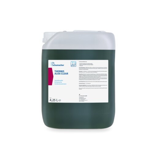 The 4250 ml Dr. Schumacher THERMO ALKA CLEAR canister from Dr. Schumacher GmbH features a white label with product information and branding, ensuring hygienic cleanliness in thermal disinfection devices.