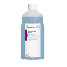 A 1-liter bottle of Dr. Schumacher PLURAZYME EXTRA from Dr. Schumacher GmbH with a white cap, light blue bottle, and white label with clear branding for effective cleaning of stubborn dirt.