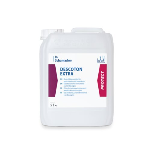 A white 5-liter plastic container of Dr. Schumacher GmbH DESCOTON EXTRA disinfectant for surgical instruments and endoscopes, with a handle and a blue-white label with red accents.