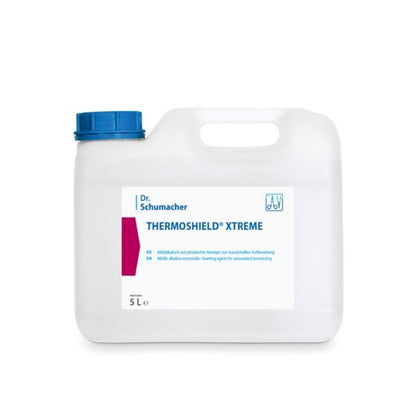 A white 5-liter plastic container with a blue lid and the inscription "Dr. Schumacher THERMOSHIELD® XTREME", an enzymatic cleaner from Dr. Schumacher GmbH for industrial surface coating, is set against a white background.