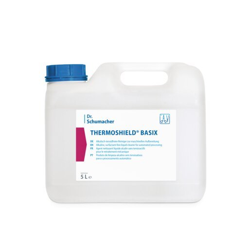 A white 5-liter canister from Dr. Schumacher GmbH with the label "THERMOSHIELD BASIX" has a blue cap and multilingual information on the front - ideal for surface protection and cold protection.
