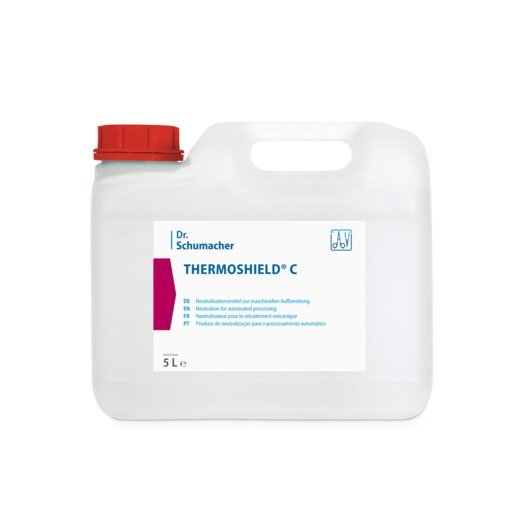 White 5-liter plastic canister with a red lid and the label "Dr. Schumacher THERMOSHIELD C | Canister (5 l)" from Dr. Schumacher GmbH, with a blue and white multilingual label for professional surface disinfection.