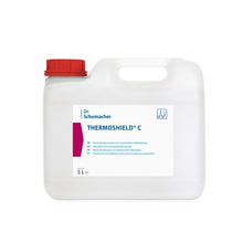 White 5-liter plastic canister with a red lid and the label "Dr. Schumacher THERMOSHIELD C | Canister (5 l)" from Dr. Schumacher GmbH, with a blue and white multilingual label for professional surface disinfection.