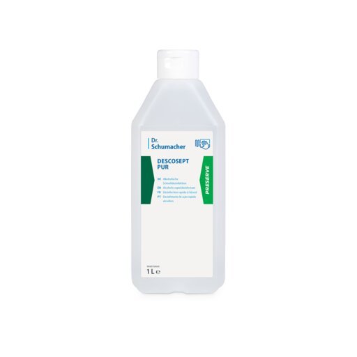A 1L plastic bottle of Dr. Schumacher DESCOSEPT PUR, rapid disinfection by Dr. Schumacher GmbH, with a white label with green and blue accents and a white cap. Ideal for medical inventory; upright on a white background.