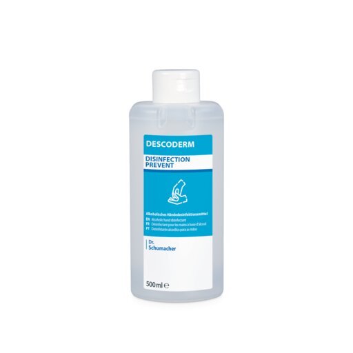 Clear 500-ml bottle of Dr. Schumacher Descoderm Industrial Hand Disinfection by Dr. Schumacher GmbH, with a blue-white label showing a hand and German text; alcohol-based, fragrance-free, with a white cap.