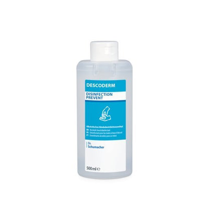 Dr. Schumacher DESCODERM hand disinfectant in a 500 ml bottle made of clear plastic with a white flip-top cap and a blue-white label with product information and a hand disinfection diagram for hand disinfection by Dr. Schumacher GmbH.
