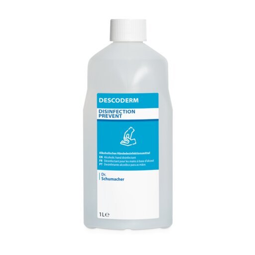 A 1-liter plastic bottle labeled "Dr. Schumacher Descoderm Industrial Hand Disinfection" by Dr. Schumacher GmbH, with a blue-white label, fragrance-free, alcoholic disinfectant for hand disinfection.