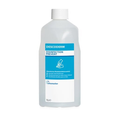 A 1-liter plastic bottle labeled "Dr. Schumacher Descoderm Industrial Hand Disinfection" by Dr. Schumacher GmbH, with a blue-white label, fragrance-free, alcoholic disinfectant for hand disinfection.