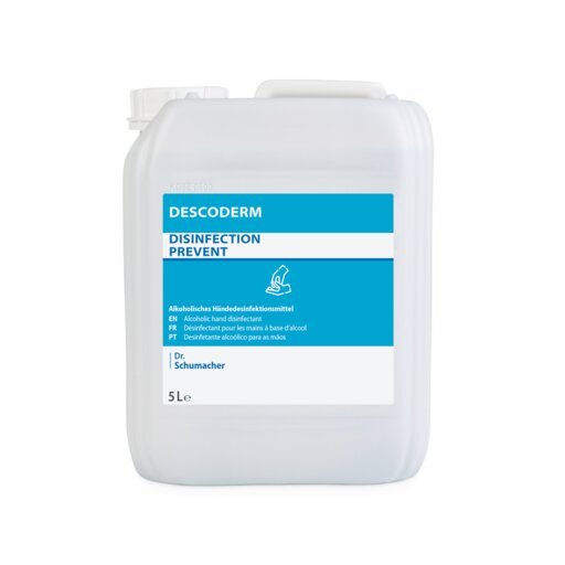 A 5-liter container made of white plastic labeled "Dr. Schumacher Descoderm Industrial Hand Disinfection" by Dr. Schumacher GmbH, with information in English, French, and Portuguese; a fragrance-free, alcoholic disinfectant for effective hand disinfection.