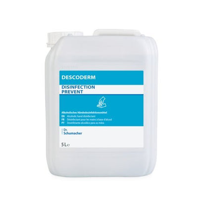 A 5-liter container made of white plastic labeled "Dr. Schumacher Descoderm Industrial Hand Disinfection" by Dr. Schumacher GmbH, with information in English, French, and Portuguese; a fragrance-free, alcoholic disinfectant for effective hand disinfection.
