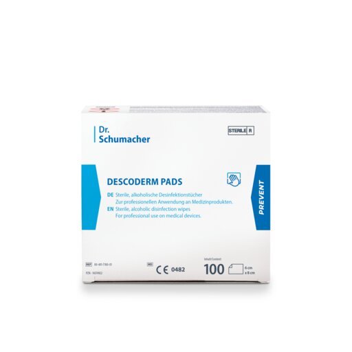 A white box labeled "Dr. Schumacher DESCODERM PADS | Pack (100 sachets)" by Dr. Schumacher GmbH contains 100 sterile, alcoholic pads for professional disinfection of skin, surfaces, and medical products.