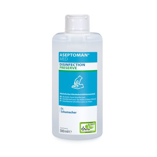 A clear 500-ml plastic bottle labeled "Dr. Schumacher Professional for you hand disinfection", a skin-friendly, alcohol-based, virucidal hand disinfectant by Dr. Schumacher GmbH with a blue-white label.