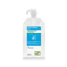 Transparent 700 ml refill pouch by Dr. Schumacher ASEPTOMAN® MED from Dr. Schumacher GmbH with a white closure and blue-white label indicating an alcoholic hand disinfectant for medical use.