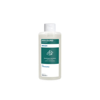 The white 500-ml bottle of DESCOLIND EXPERT WASH from Dr. Schumacher GmbH features a green-white label with a hand wash symbol and detailed product information on the front; an effective cleaning solution.