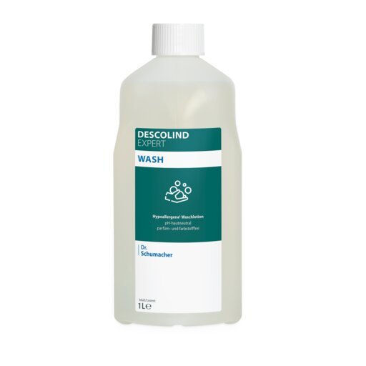 A 1-liter plastic bottle of Dr. Schumacher GmbH DESCOLIND EXPERT WASH, a hypoallergenic skin cleansing solution, with a white cap and green-white label.