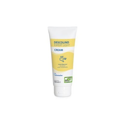 A 100 ml tube of Dr. Schumacher DESCOLIND EXPERT LIGHT CREAM hand cream by Dr. Schumacher GmbH, with a white cap and yellow-blue label, stands upright against a white background - ideal for sensitive skin and hypoallergenic.