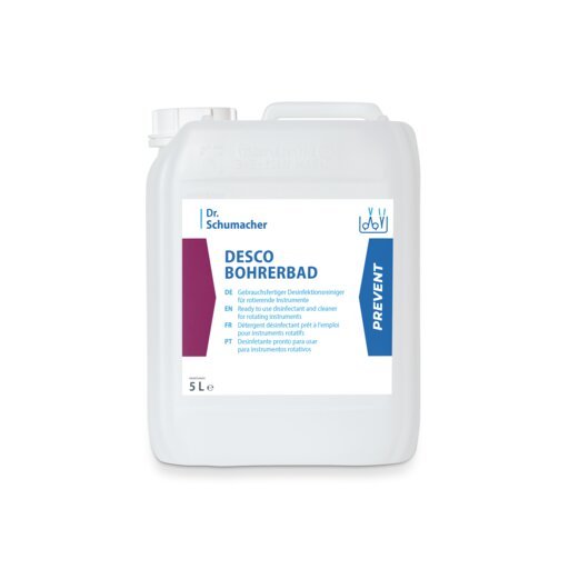 5-liter container made of white plastic by Dr. Schumacher DESCO BOHRERBAD from Dr. Schumacher GmbH for cleaning and disinfecting dental instruments, with blue and purple accents and multilingual instructions.