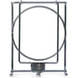 The Dr. Schumacher DESCO WIPES HOLDERS LARGE (1 piece) from Dr. Schumacher GmbH is a foldable metal stand with a circular center, photographed standing on four wheels against a white background.