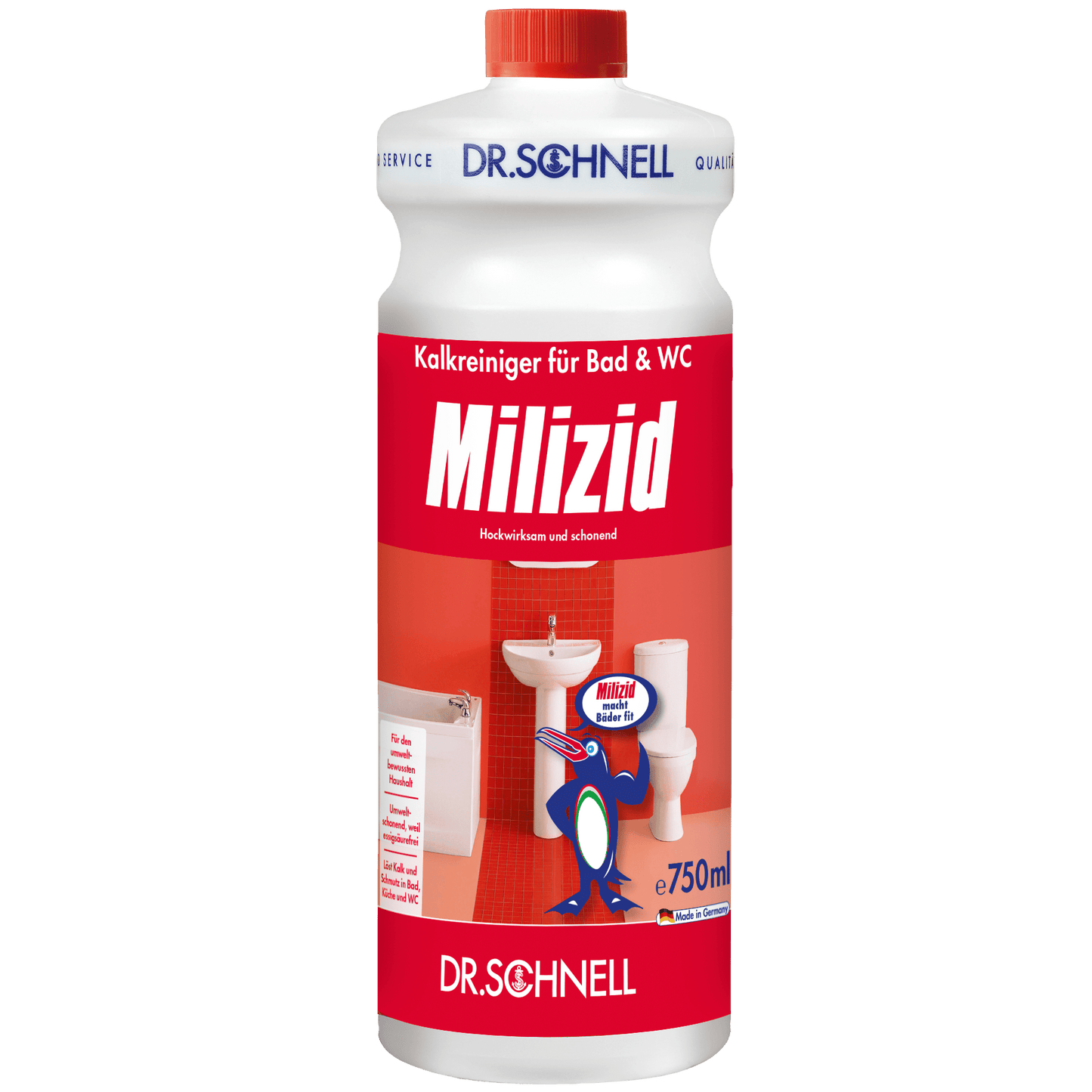 The 750 ml bottle of Dr. Schnell MILIZID LIME CLEANER from DR.SCHNELL GmbH & Co. KGaA with a red-white label and bathroom theme is a powerful descaler for cleaning the bathroom and toilet.