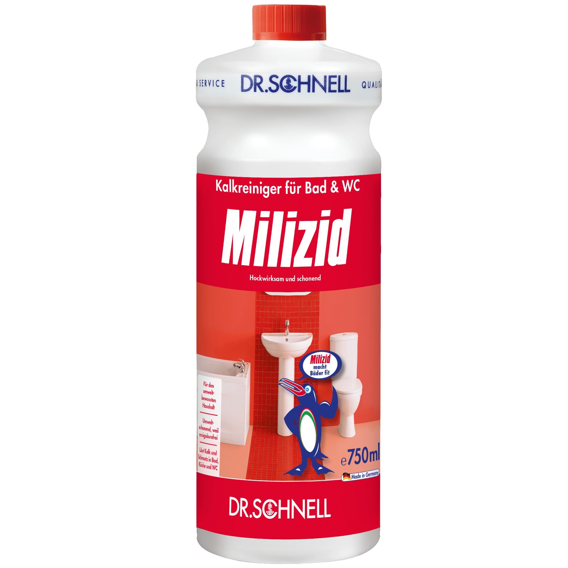 The 750 ml bottle of Dr. Schnell MILIZID LIME CLEANER from DR.SCHNELL GmbH & Co. KGaA with a red-white label and bathroom theme is a powerful descaler for cleaning the bathroom and toilet.