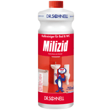 The 750 ml bottle of Dr. Schnell MILIZID LIME CLEANER from DR.SCHNELL GmbH & Co. KGaA with a red-white label and bathroom theme is a powerful descaler for cleaning the bathroom and toilet.