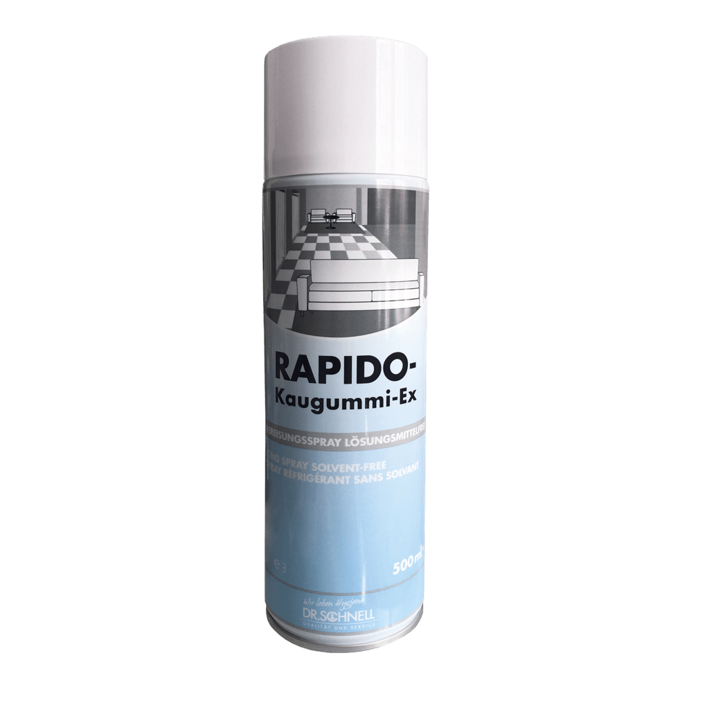 A 500 ml bottle of DR.SCHNELL RAPIDO KAUGUMMI-EX, a solvent-free freezing spray for cleaning carpets and upholstered furniture, manufactured by DR.SCHNELL GmbH & Co. KGaA.