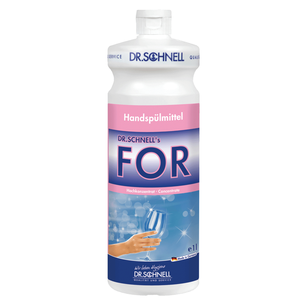 A 1-liter bottle of Dr. Schnell FOR hand dishwashing liquid from DR.SCHNELL GmbH & Co. KGaA, a concentrated dishwashing liquid with pink and blue label, hand, bubbles, white cap, and DR.SCHNELL branding.
