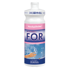 A 1-liter bottle of Dr. Schnell FOR hand dishwashing liquid from DR.SCHNELL GmbH & Co. KGaA, a concentrated dishwashing liquid with pink and blue label, hand, bubbles, white cap, and DR.SCHNELL branding.