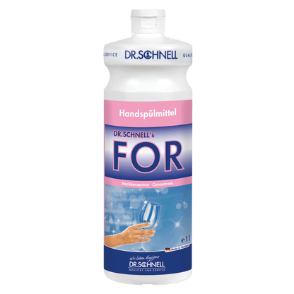 A 1-liter bottle of Dr. Schnell FOR hand dishwashing liquid from DR.SCHNELL GmbH & Co. KGaA, a concentrated dishwashing liquid with pink and blue label, hand, bubbles, white cap, and DR.SCHNELL branding.