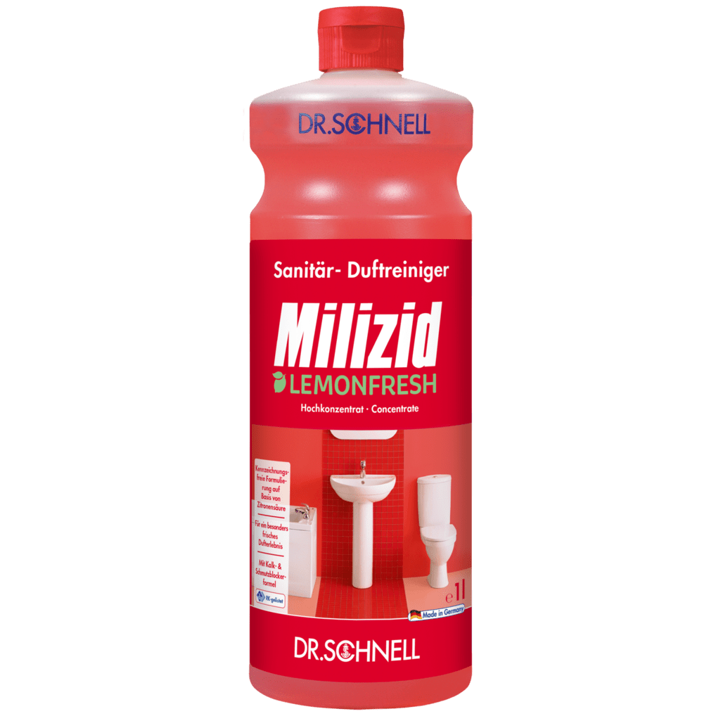 A red bottle of Dr. Schnell MILIZID LEMONFRESH from DR.SCHNELL GmbH & Co. KGaA, with a red screw cap, German text, and images of a sink and a toilet on the label.
