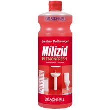 A red bottle of Dr. Schnell MILIZID LEMONFRESH from DR.SCHNELL GmbH & Co. KGaA, with a red screw cap, German text, and images of a sink and a toilet on the label.