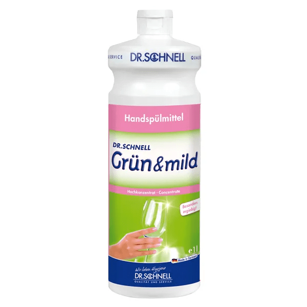 A white bottle of Dr. Schnell GRÜN & MILD dishwashing liquid from DR.SCHNELL GmbH & Co. KGaA with a pink label showing a hand holding a clean glass and text describing the product as gentle, mild, concentrated, and biodegradable.
