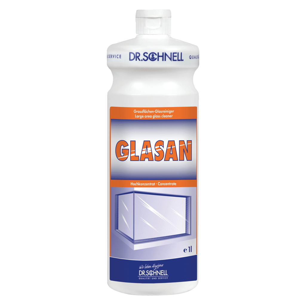 The Dr. Schnell GLASAN by DR.SCHNELL GmbH & Co. KGaA is a white bottle with a label for streak-free cleaning - ideal as your glass cleaner or surface cleaner.