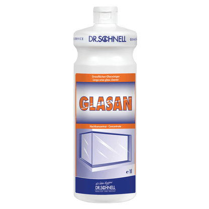 The Dr. Schnell GLASAN by DR.SCHNELL GmbH & Co. KGaA is a white bottle with a label for streak-free cleaning - ideal as your glass cleaner or surface cleaner.