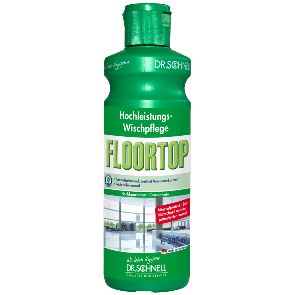 A green 1-liter plastic bottle of DR.SCHNELL GmbH & Co. KGaA Dr. Schnell Floortop Floor Cleaner Concentrate shows a clean floor image and a red label highlighting the new high-performance mopping care formula.