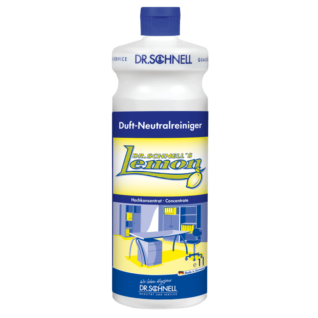 A plastic bottle of Dr. Schnell DR.SCHNELL'S LEMON from DR.SCHNELL GmbH & Co. KGaA, with a blue cap and a yellow-blue label showing a modern kitchen, ideal for household cleaning.