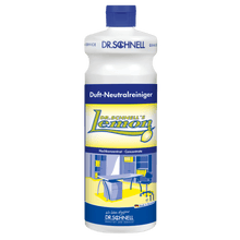 A plastic bottle of Dr. Schnell DR.SCHNELL'S LEMON from DR.SCHNELL GmbH & Co. KGaA, with a blue cap and a yellow-blue label showing a modern kitchen, ideal for household cleaning.