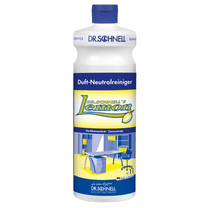 A plastic bottle of Dr. Schnell DR.SCHNELL'S LEMON from DR.SCHNELL GmbH & Co. KGaA, with a blue cap and a yellow-blue label showing a modern kitchen, ideal for household cleaning.