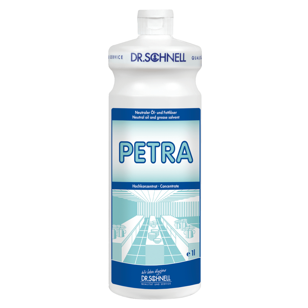 A white 1-liter plastic bottle labeled "Dr. Schnell PETRA oil and grease remover for surfaces" from DR.SCHNELL GmbH & Co. KGaA, with blue lettering and graphics, contains a highly concentrated surface cleaner and oil/grease remover for powerful cleaning.