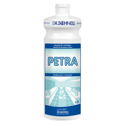 A white 1-liter plastic bottle labeled "Dr. Schnell PETRA oil and grease remover for surfaces" from DR.SCHNELL GmbH & Co. KGaA, with blue lettering and graphics, contains a highly concentrated surface cleaner and oil/grease remover for powerful cleaning.