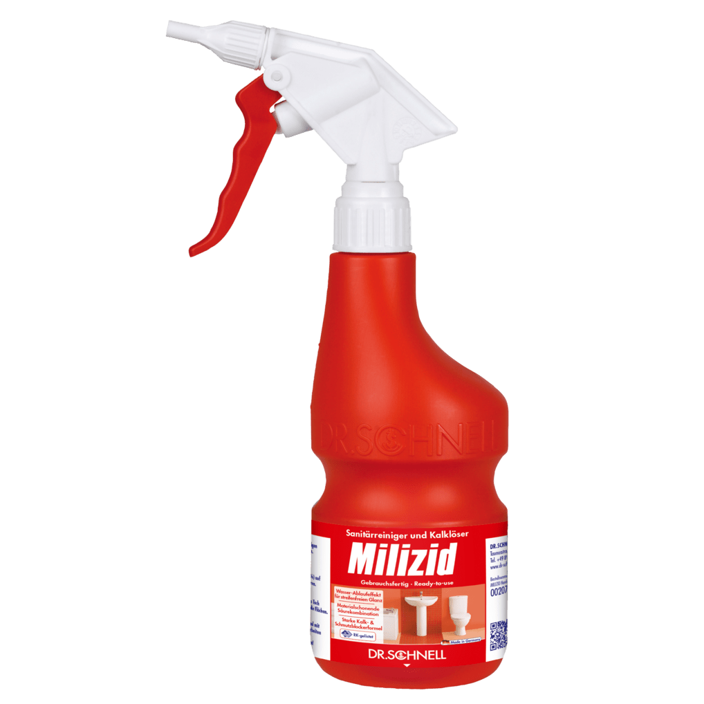 The Dr. Schnell hand sprayer empty 600 ml from DR.SCHNELL GmbH & Co. KGaA is a red-white spray bottle with German text, cleaning symbols for the bathroom, a QR code, and a trigger nozzle.