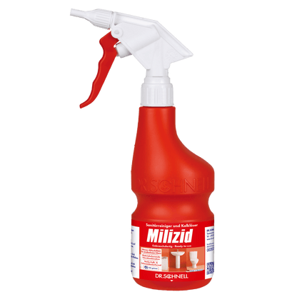 The Dr. Schnell hand sprayer empty 600 ml from DR.SCHNELL GmbH & Co. KGaA is a red-white spray bottle with German text, cleaning symbols for the bathroom, a QR code, and a trigger nozzle.