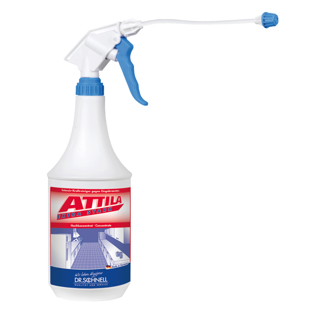 White 1L spray bottle with blue trigger and the inscription "Dr. Schnell ATTILA EXTRA STRONG grill and oven cleaner, kitchen hygiene" from DR.SCHNELL GmbH & Co. KGaA, with a red-blue label with German text for kitchen hygiene.