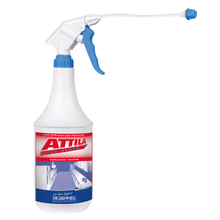 White 1L spray bottle with blue trigger and the inscription "Dr. Schnell ATTILA EXTRA STRONG grill and oven cleaner, kitchen hygiene" from DR.SCHNELL GmbH & Co. KGaA, with a red-blue label with German text for kitchen hygiene.
