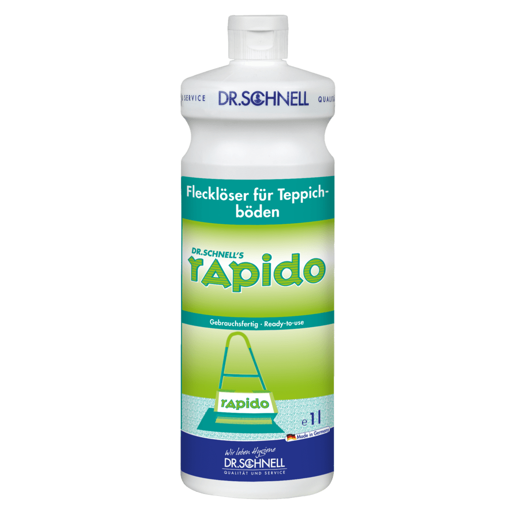 A 1-liter plastic bottle of DR.SCHNELL RAPIDO stain remover for carpets and upholstery from DR.SCHNELL GmbH & Co. KGaA, with a blue cap, white-green label with German text and a carpet cleaning symbol.