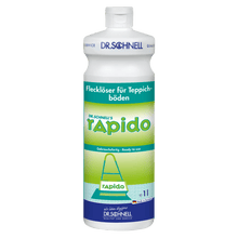 A 1-liter plastic bottle of DR.SCHNELL RAPIDO stain remover for carpets and upholstery from DR.SCHNELL GmbH & Co. KGaA, with a blue cap, white-green label with German text and a carpet cleaning symbol.