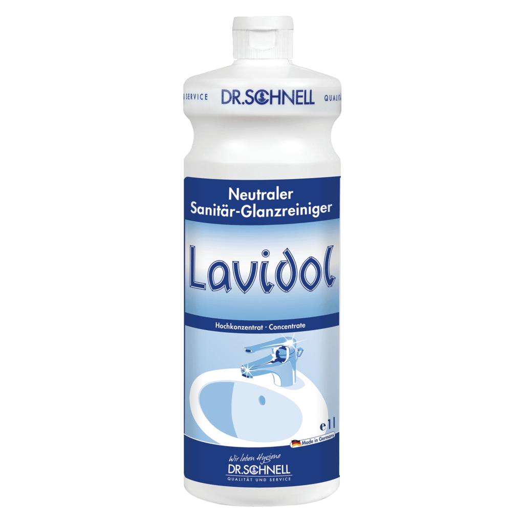 A white and blue 1-liter bottle of Dr. Schnell LAVIDOL sanitary cleaner from DR.SCHNELL GmbH & Co. KGaA is provided with German text and an image of a sink and a faucet, and contains concentrated neutral sanitary cleaner.