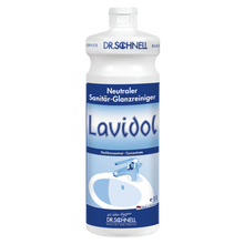 A white and blue 1-liter bottle of Dr. Schnell LAVIDOL sanitary cleaner from DR.SCHNELL GmbH & Co. KGaA is provided with German text and an image of a sink and a faucet, and contains concentrated neutral sanitary cleaner.