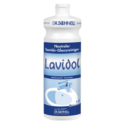 A white and blue 1-liter bottle of Dr. Schnell LAVIDOL sanitary cleaner from DR.SCHNELL GmbH & Co. KGaA is provided with German text and an image of a sink and a faucet, and contains concentrated neutral sanitary cleaner.